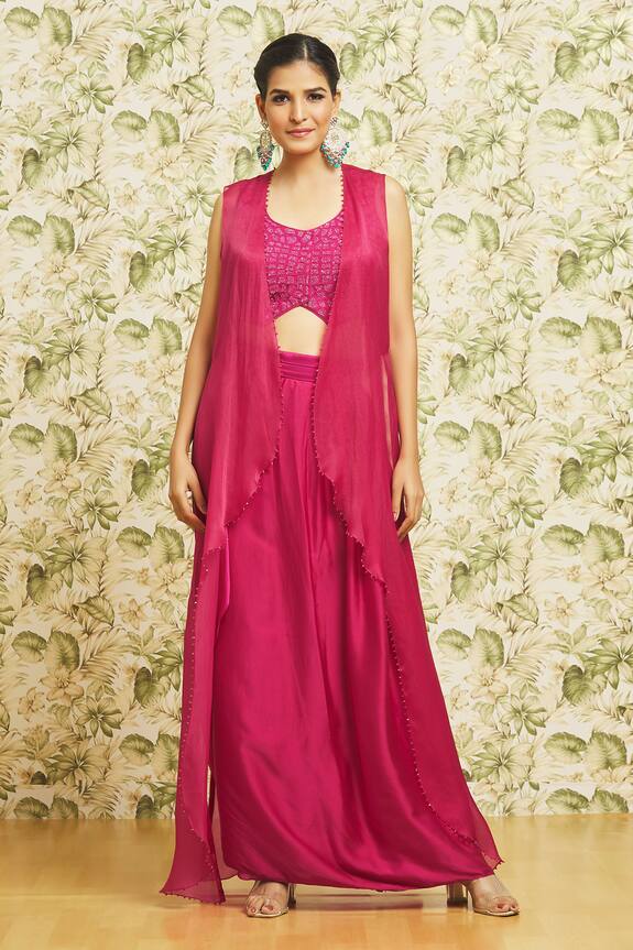 Mishru Organza Sleeveless Jacket Draped Skirt Set