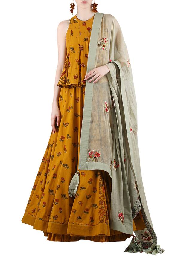 Nikasha Mustard yellow & grey printed lehenga set