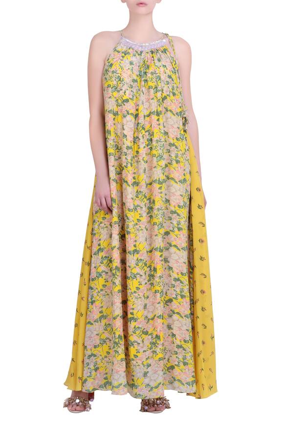 Nikasha Yellow crepe bibi jaal printed halter maxi dress