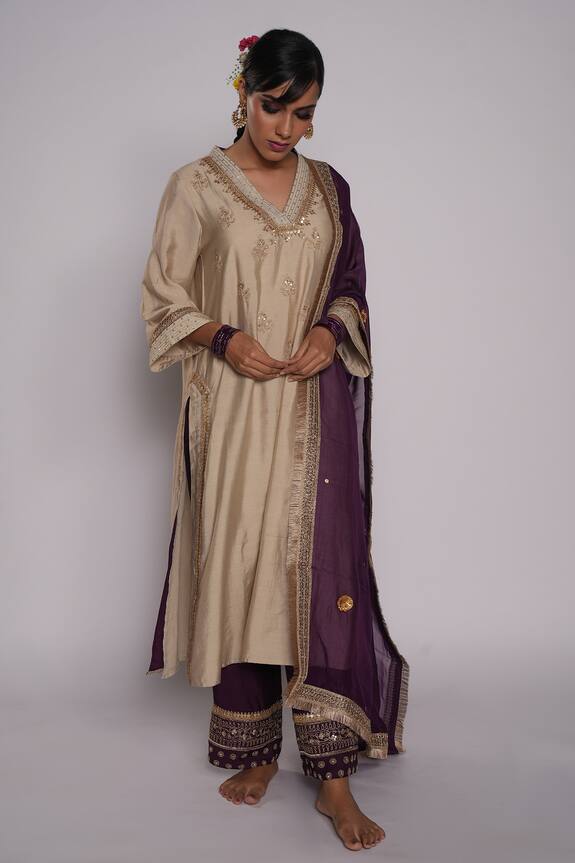 Pants and Pajamas Chanderi Embroidered Kurta Pant Set