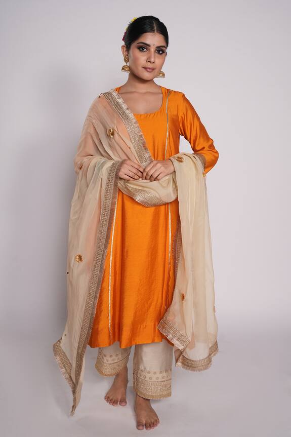Pants and Pajamas Chanderi Embroidered Straight Kurta Set