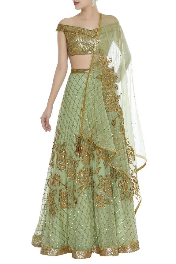 Seema Khan Off-shoulder sequin embroidered blouse with lehenga & dupatta