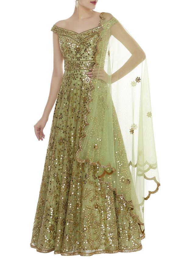 Seema Khan Off Shoulder Mirrorwork Anarkali with Dupatta