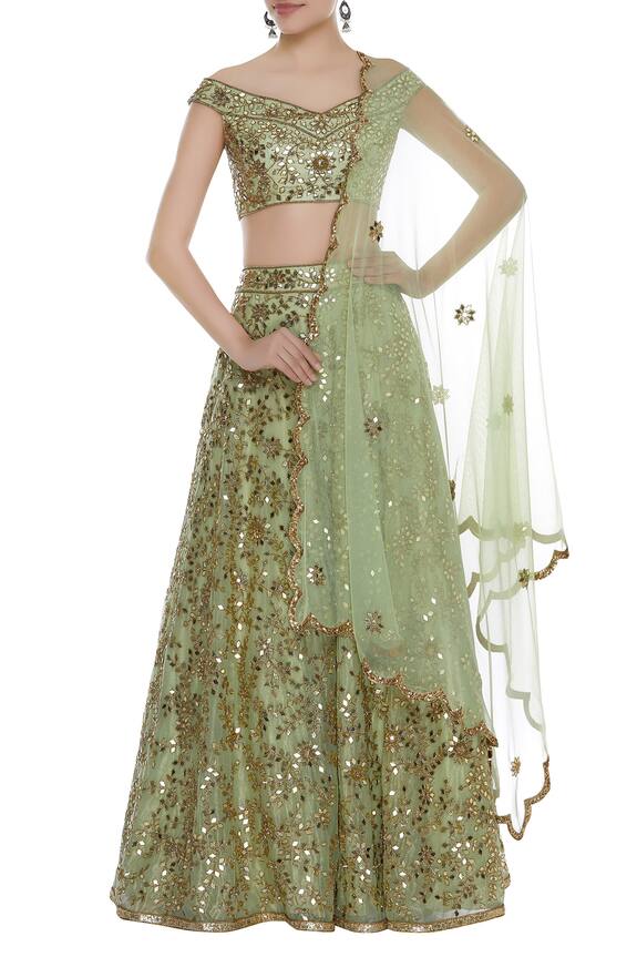 Seema Khan Mirror & Cutdana Embroidered Off Shoulder Lehenga Set