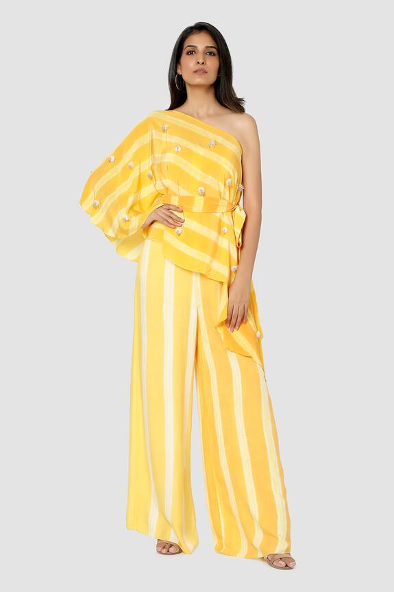 Babita Malkani Organic Cotton Silk One Shoulder Jumpsuit with Cape
