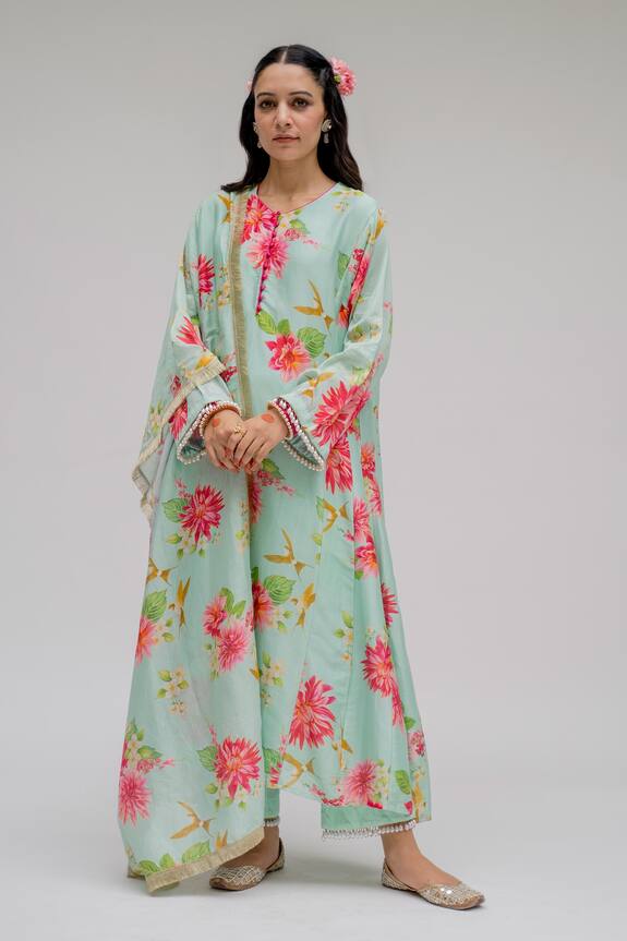 Chrkha Chanderi Silk Floral Print Kurta Set
