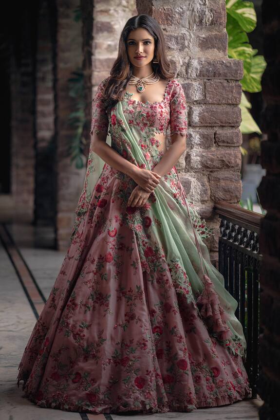 Anushree Reddy Organza Floral Embroidered Lehenga Set