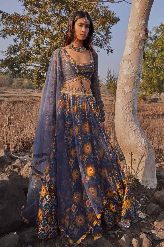 Drishti & Zahabia Chanderi Silk Ikat Print Lehenga Set