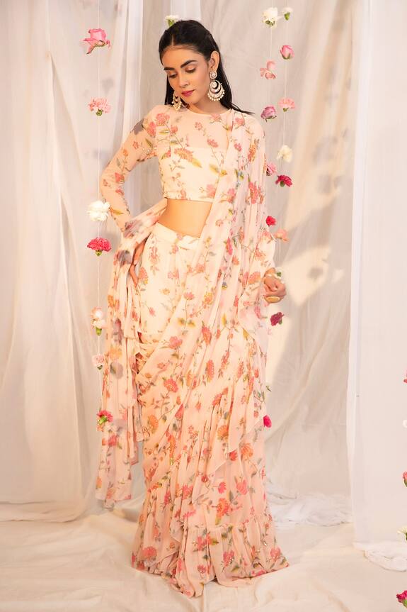 Esha Koul Floral Print Ruffle Saree With Blouse
