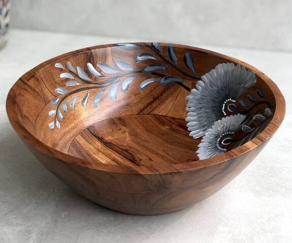 Floursha Dandelion Hand Painted Acacia Wood Bowl (Single Pc)