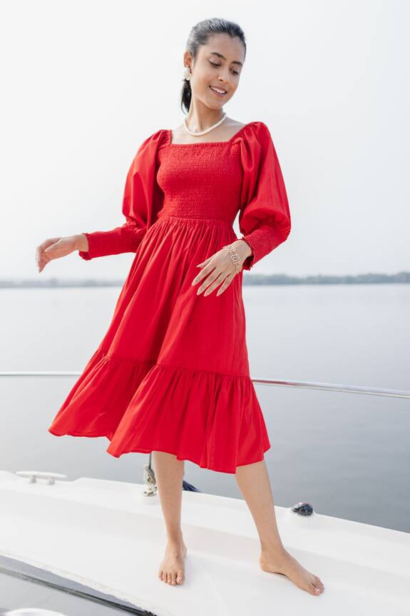 House of Fett Smocked Puffed Sleeve Dress
