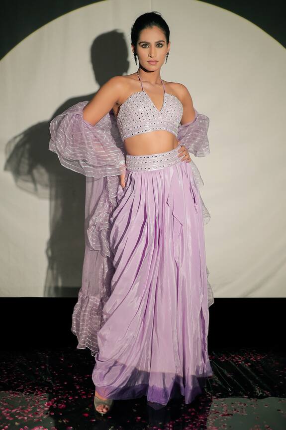 Jubinav Chadha Mirror Embroidered Blouse & Draped Skirt Set