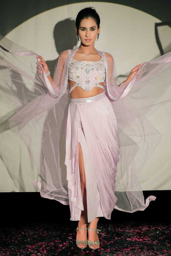Jubinav Chadha Waterfall Embroidered Cape & Draped Skirt Set