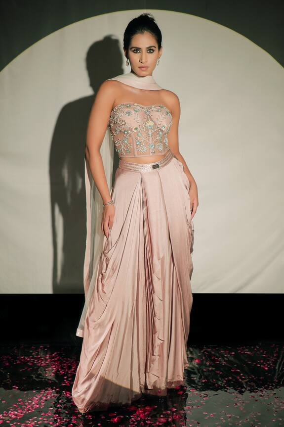 Jubinav Chadha Floral Embroidered Corset & Draped Skirt Set
