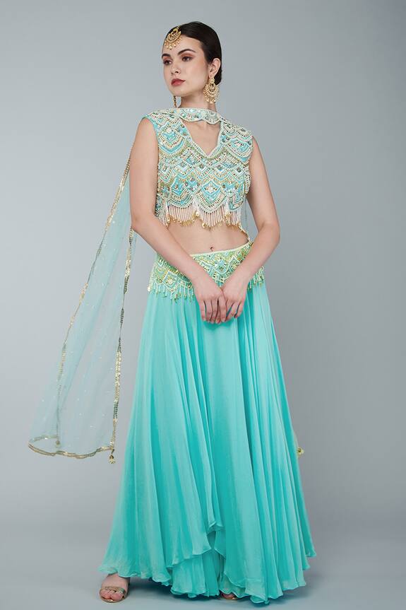Keith Gomes Layered Lehenga Set With Embroidered Blouse