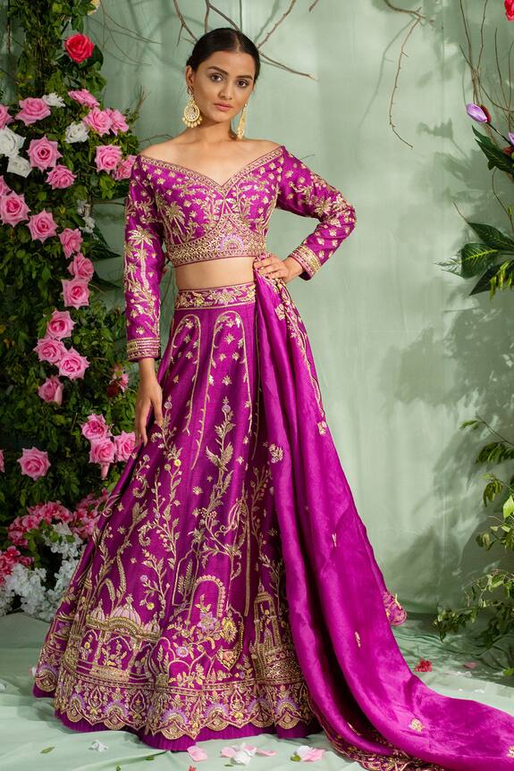 Miku Kumar Zardozi Embroidered Off Shoulder Lehenga Set
