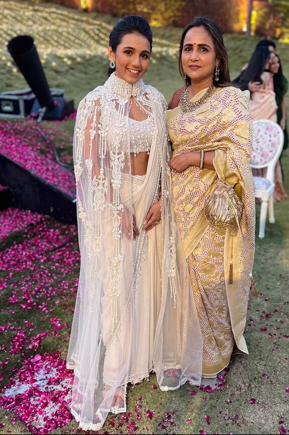 Mala and Kinnary Pearl Embellished Saree Set With Cape