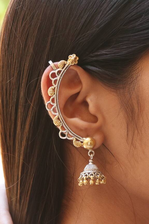 Noor Bead Silver Ear Cuff Jhumka Earrings