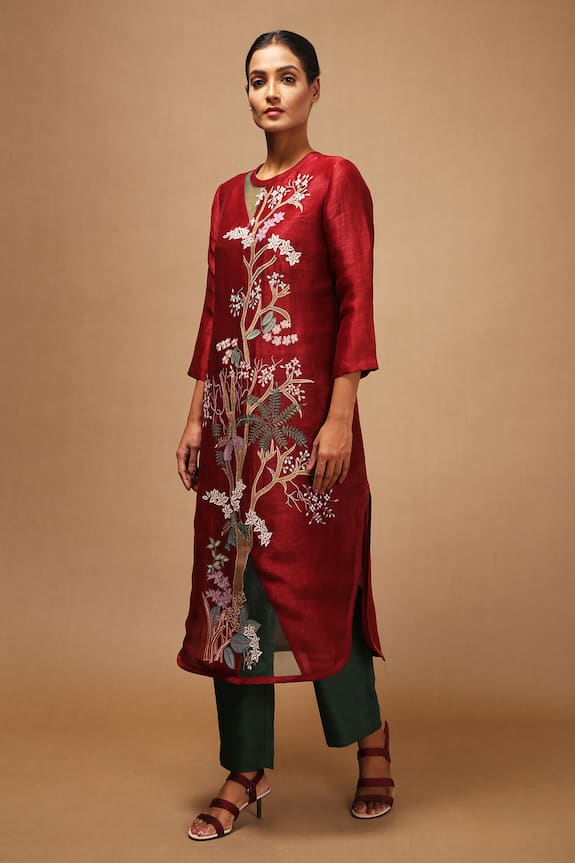 Oja Handloom Linen Silk Applique Kurta & Pant Set