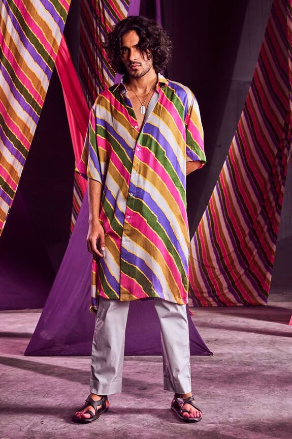 Punit Balana Stripe Print Shirt Kurta & Pant Set