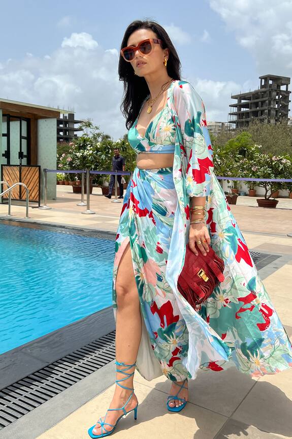 Mandira Wirk Floral Print Kimono Jacket & Skirt Set