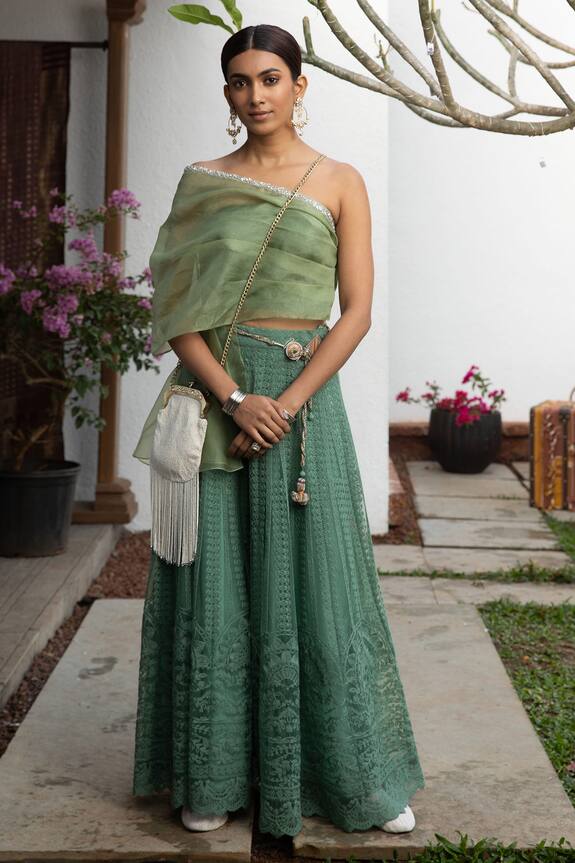 Jade by Monica and Karishma Draped Choli & Embroidered Lehenga Set