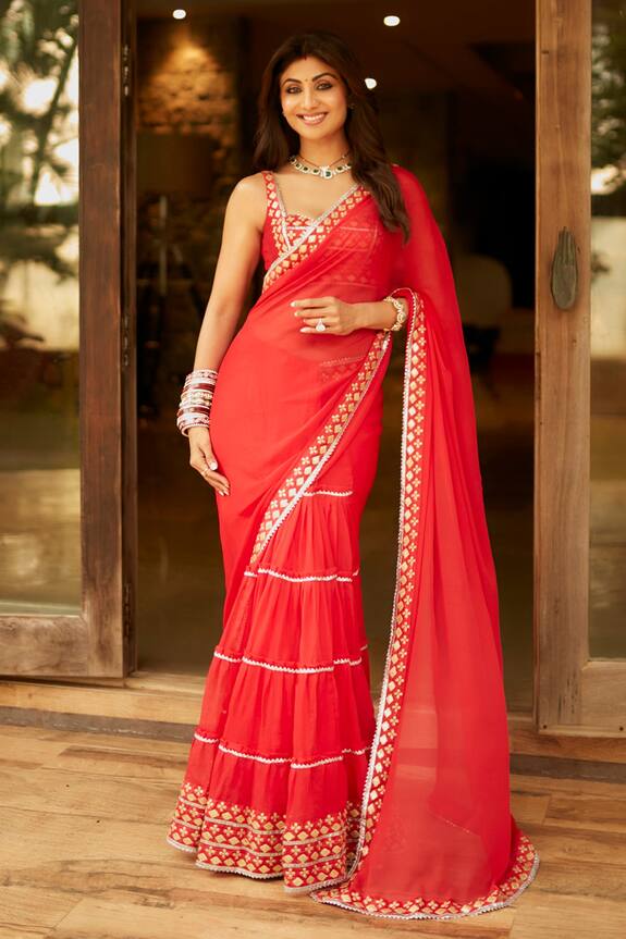 Gopi Vaid Pre-Draped Saree With Embroidered Blouse