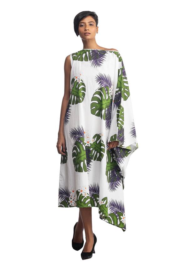 Studio Moda India Leaf Print Asymmetric Kaftan Dress
