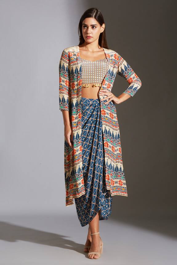 Soup by Sougat Paul Printed Jacket & Draped Skirt Set