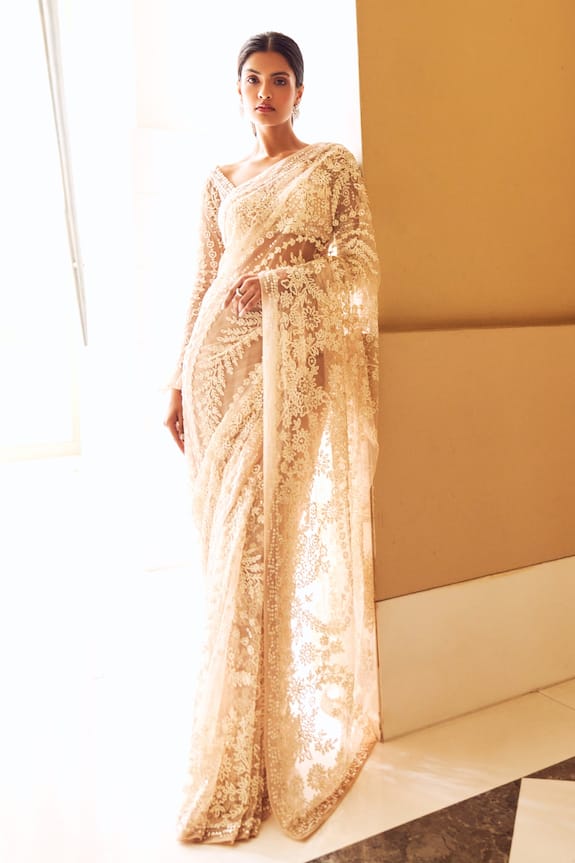 Seema Gujral Tulle Embroidered Saree With Blouse