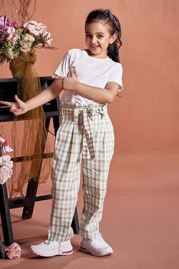 Little Luxury Cotton Checkered Paperbag Pants