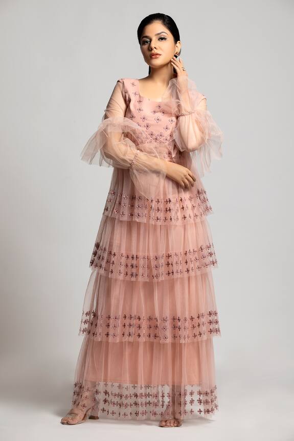 S & V Designs Floral Thread Work Pleated Layered Gown