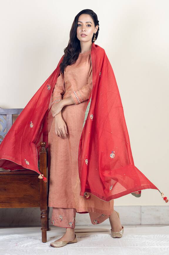 Beige Block Print Chanderi Tissue Kurta Set