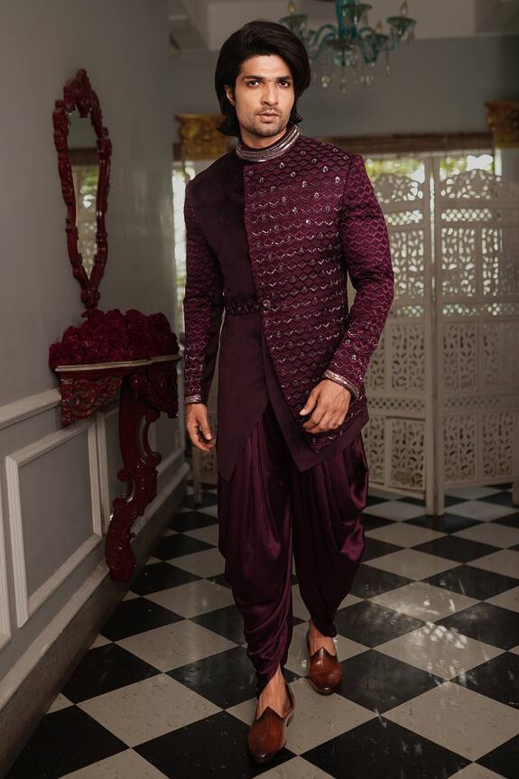 YAJY by Aditya Jain Kewat Embroidered Bandhgala & Cowl Pant Set