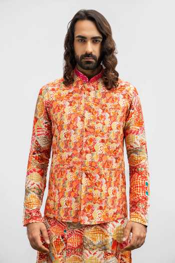 Buy kaka menswear red bam silk diamond print bundi online aza fashions