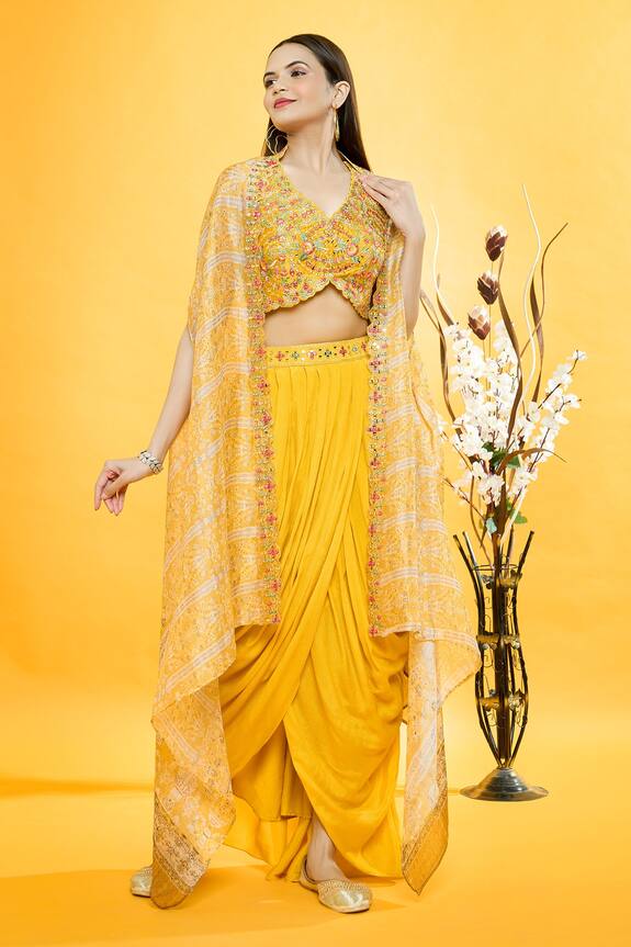 Aryavir Malhotra Yellow Silk Chandelier Print Cape And Dhoti Skirt Set 0