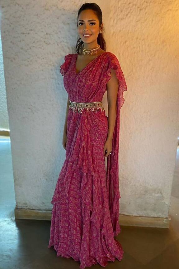 Ridhi Mehra Pink Chiffon Pre-draped Saree Gown 0