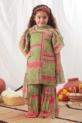 Magenta Girls Printed Regular Kurta with Sharara