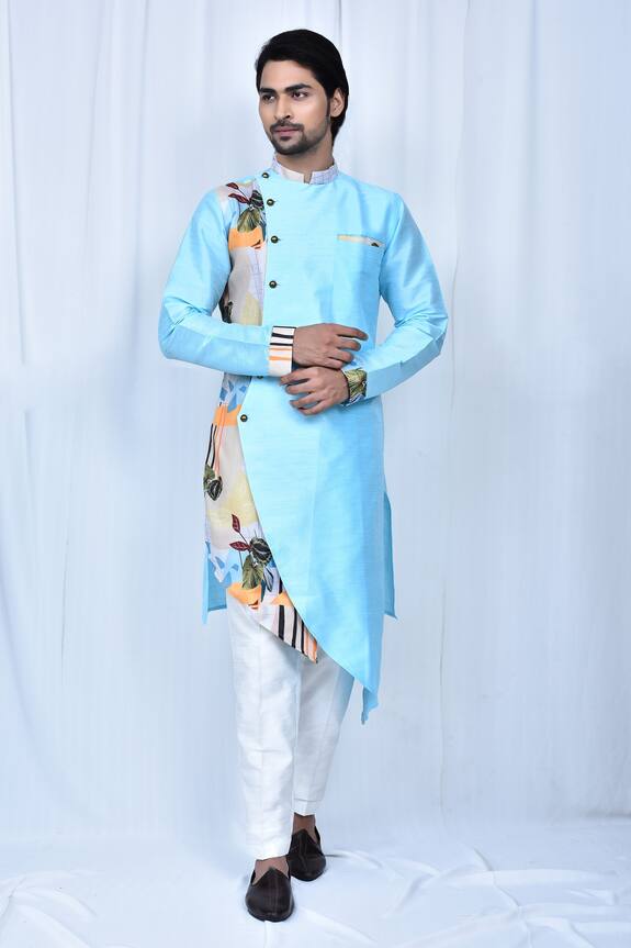 Nazaakat by Samara Singh Blue Art Silk Floral Print Panelled Kurta Pant Set 0