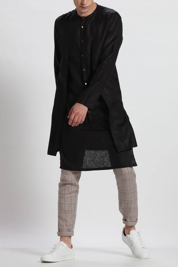 Son of A Noble Snob Black Linen Layered Kurta 0