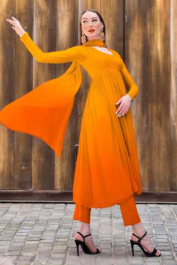FEROZI & ORANGE CHINON FLORAL FALAIRED ANARKALI