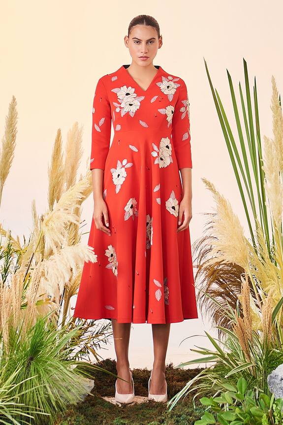 Shahin Mannan Red Double Crepe Blooming Flower Midi Dress 0