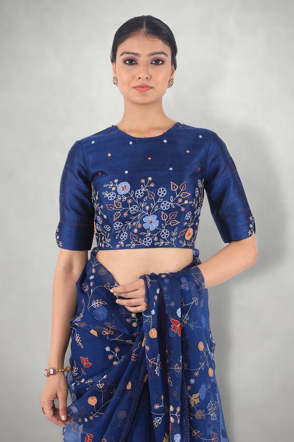 I am Design Blue Raw Silk Floral Embroidered Blouse 1