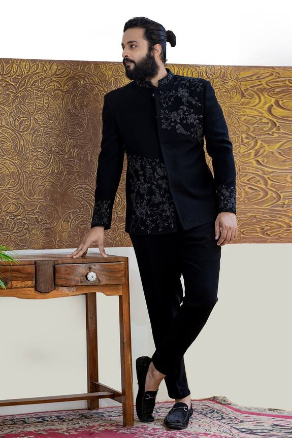 Hilo Design Black Suiting Chival Embroidered Bandhgala 0