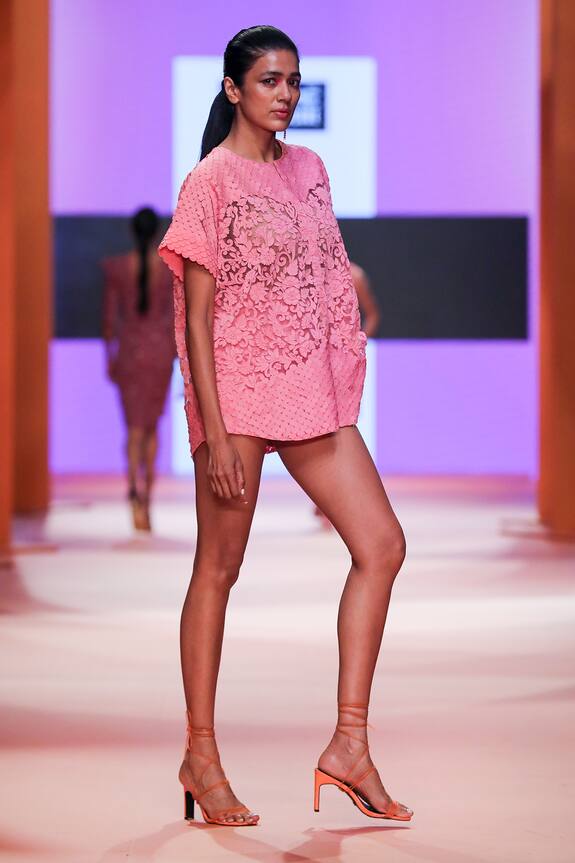 Pankaj & Nidhi Pink Tulle + Jersey Soleil Hand Embellished Top And Shorts Set 0