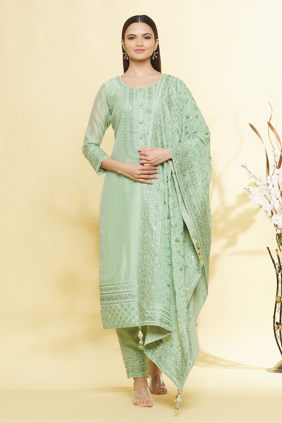 Buy Samyukta Singhania Green Chanderi Floral Embroidered Kurta Set ...