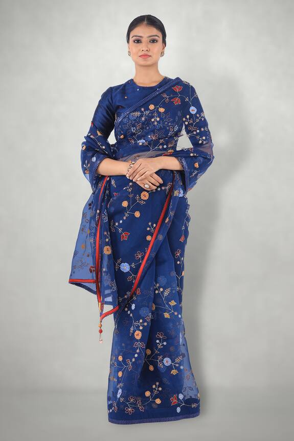 I am Design Blue Silk Organza Aari Embroidered Saree With Blouse 1