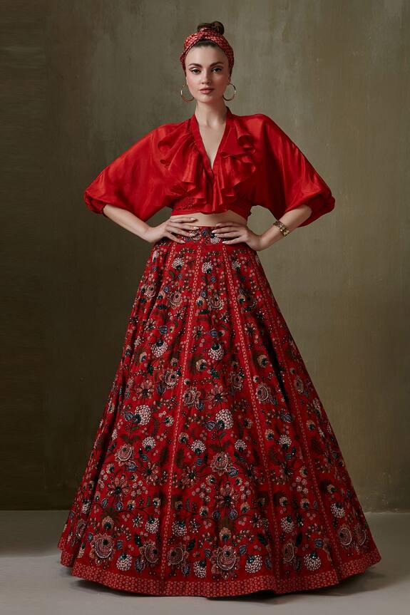 Namrata Joshipura Maroon Silk Greenberg Floral Pattern Skirt And Tie-up Top Set 0