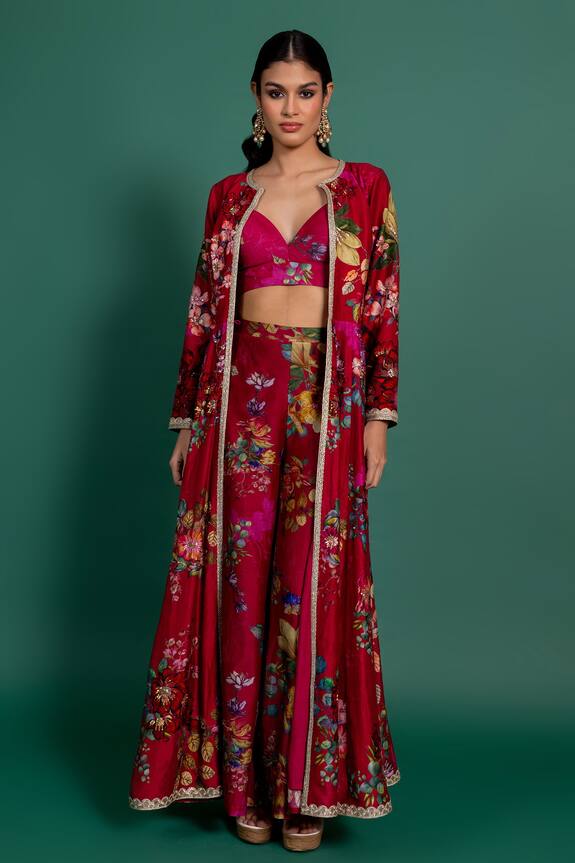 Varun Bahl Fuchsia Chanderi Floral Print Anarkali Jacket And Pant Set 0