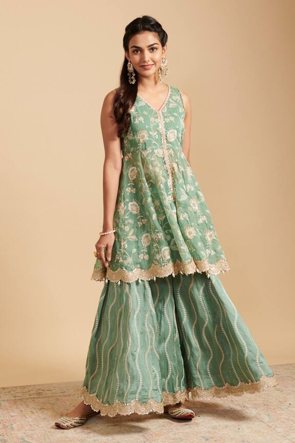 Buy Mulmul Green Pure Mulmul Lashkara Short Anarkali And Sharara Set